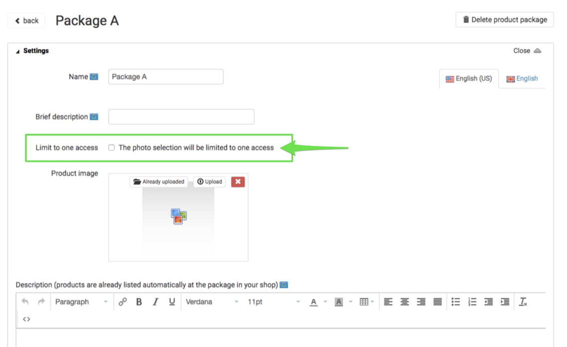 Package settings showing the Limit to one access checkbox
