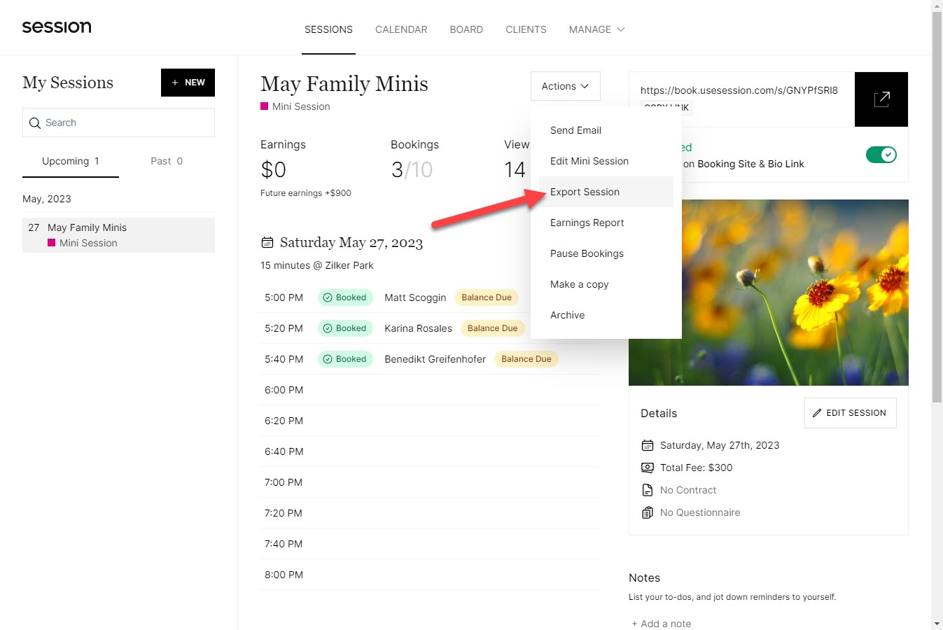 Actions menu in Session showing Export Session option