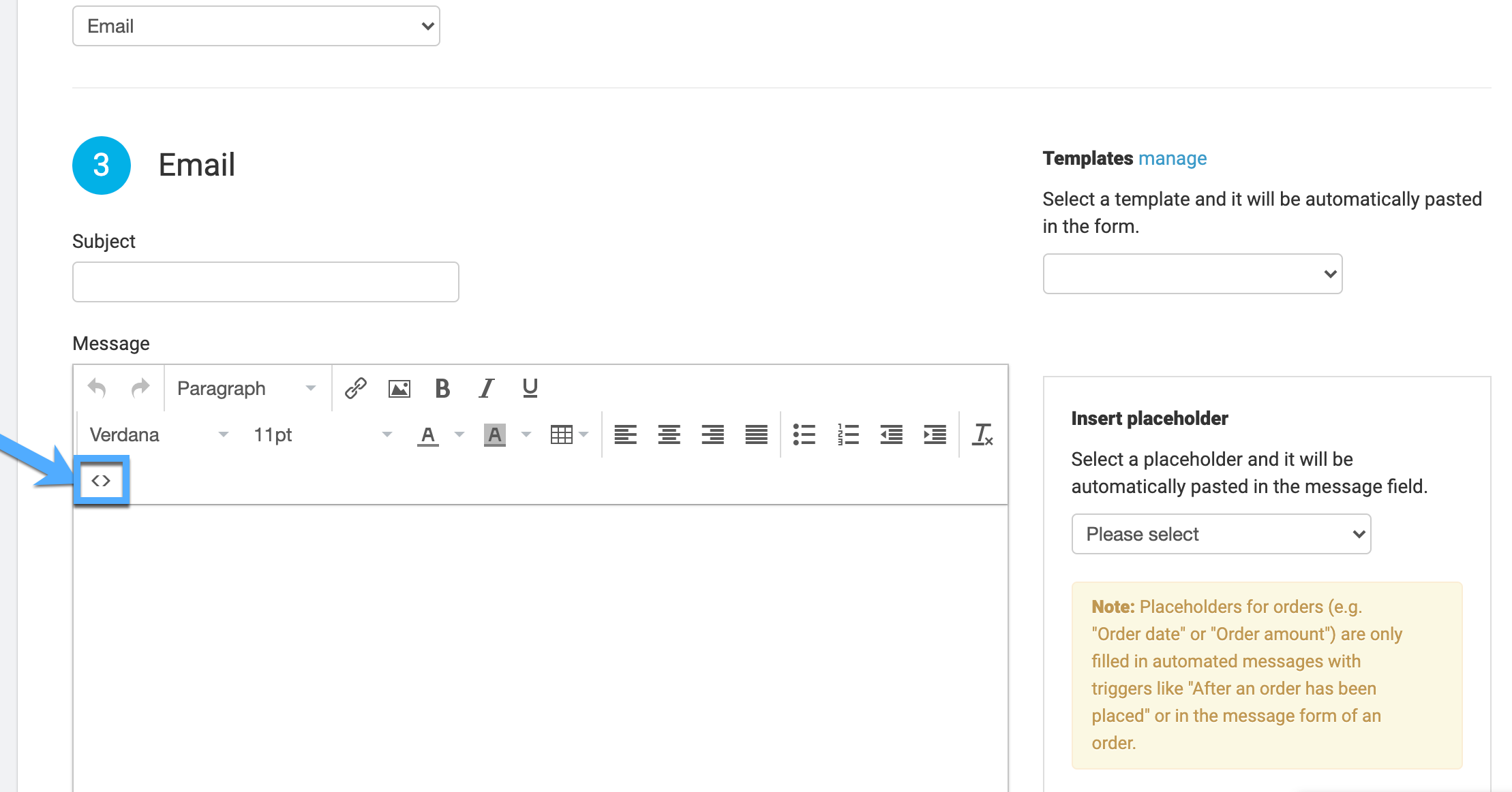 Email editor with source code panel opened in your notification