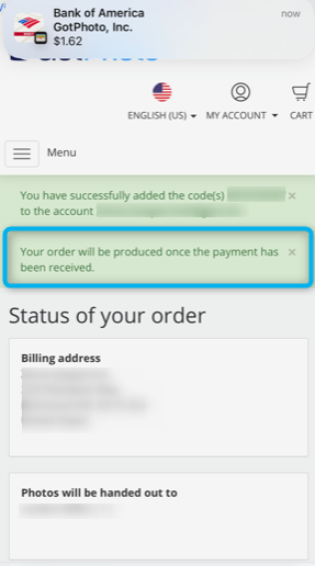 Order confirmation page showing green success alert.