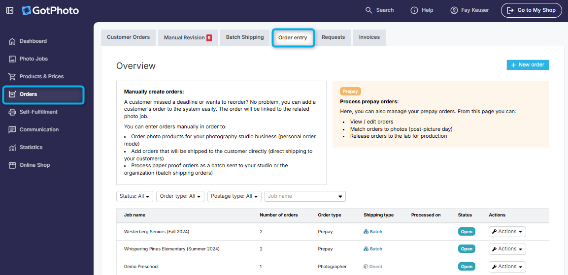 Order entry dashboard with manual creation options