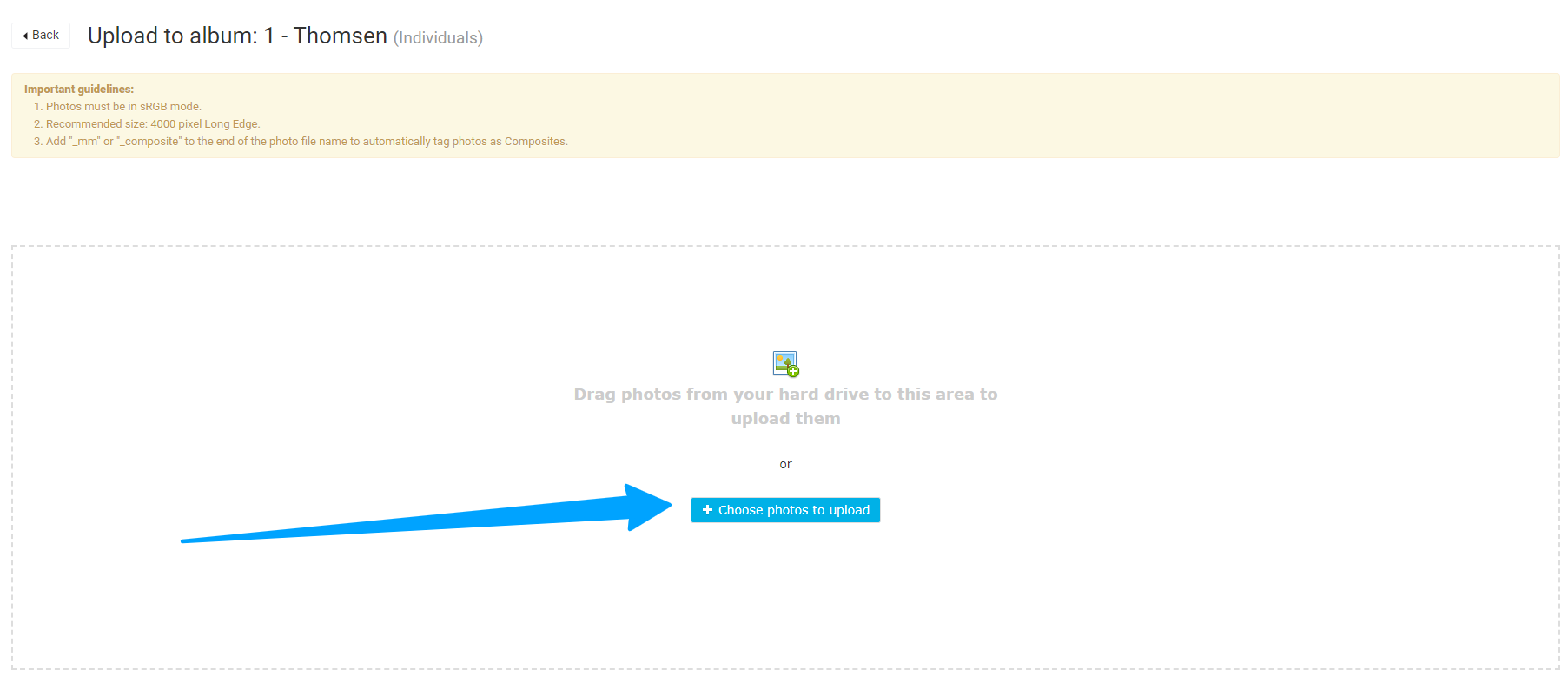 Choose photos to upload button in the upload screen.