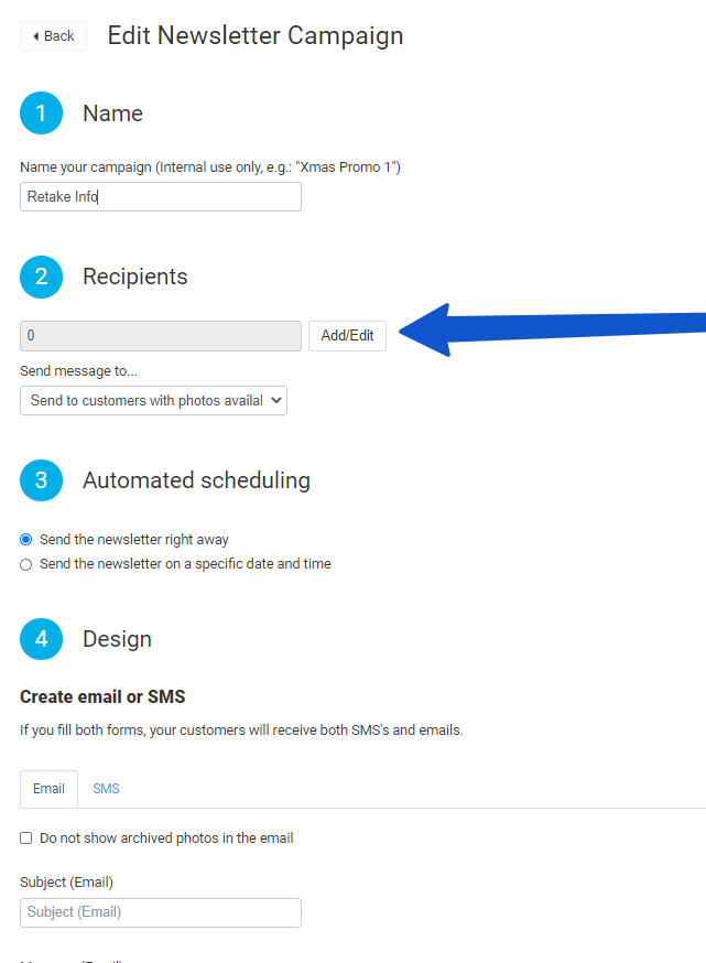 Add/edit recipients screen with album filter.