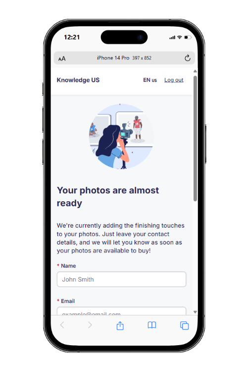 Customer view showing "Your photos are almost ready" message with registration form in Planning mode.