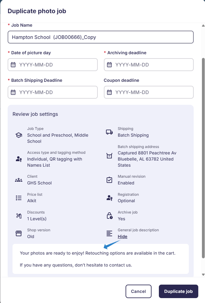 Duplicated job settings overview