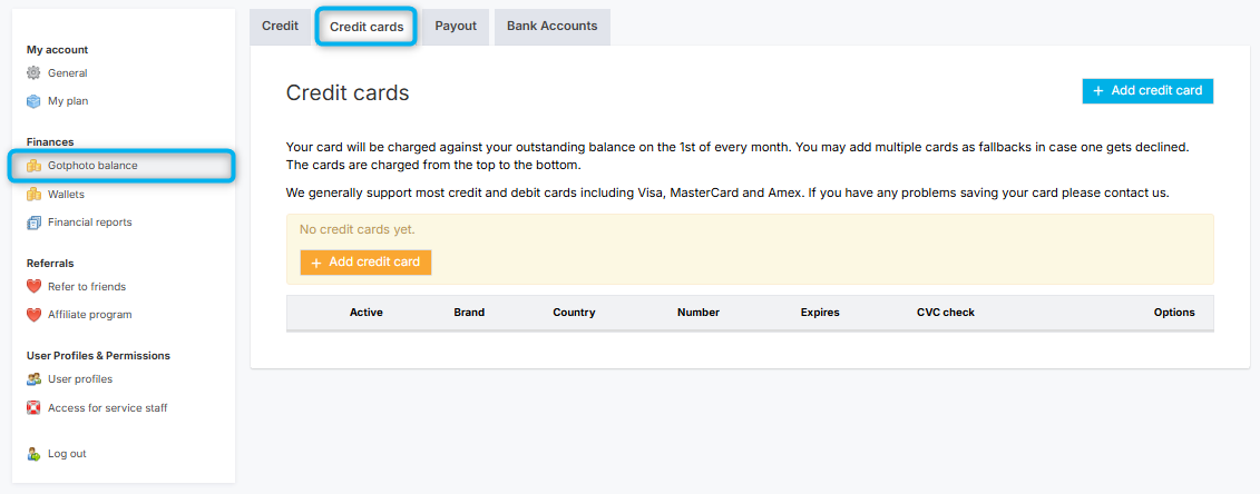 Credit card settings page