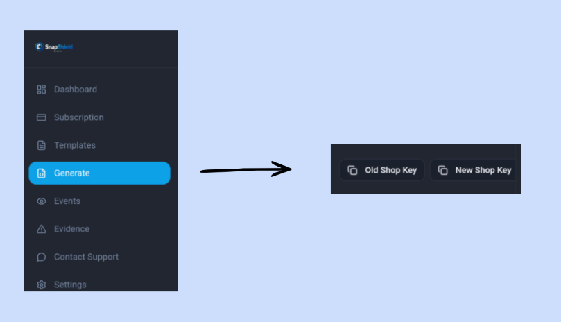 SnapShield Generate section showing the GotPhoto screenshot protection keys for the old and new shop.