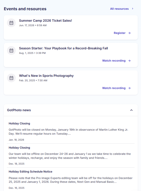 Upcoming events and newsfeed on the dashboard