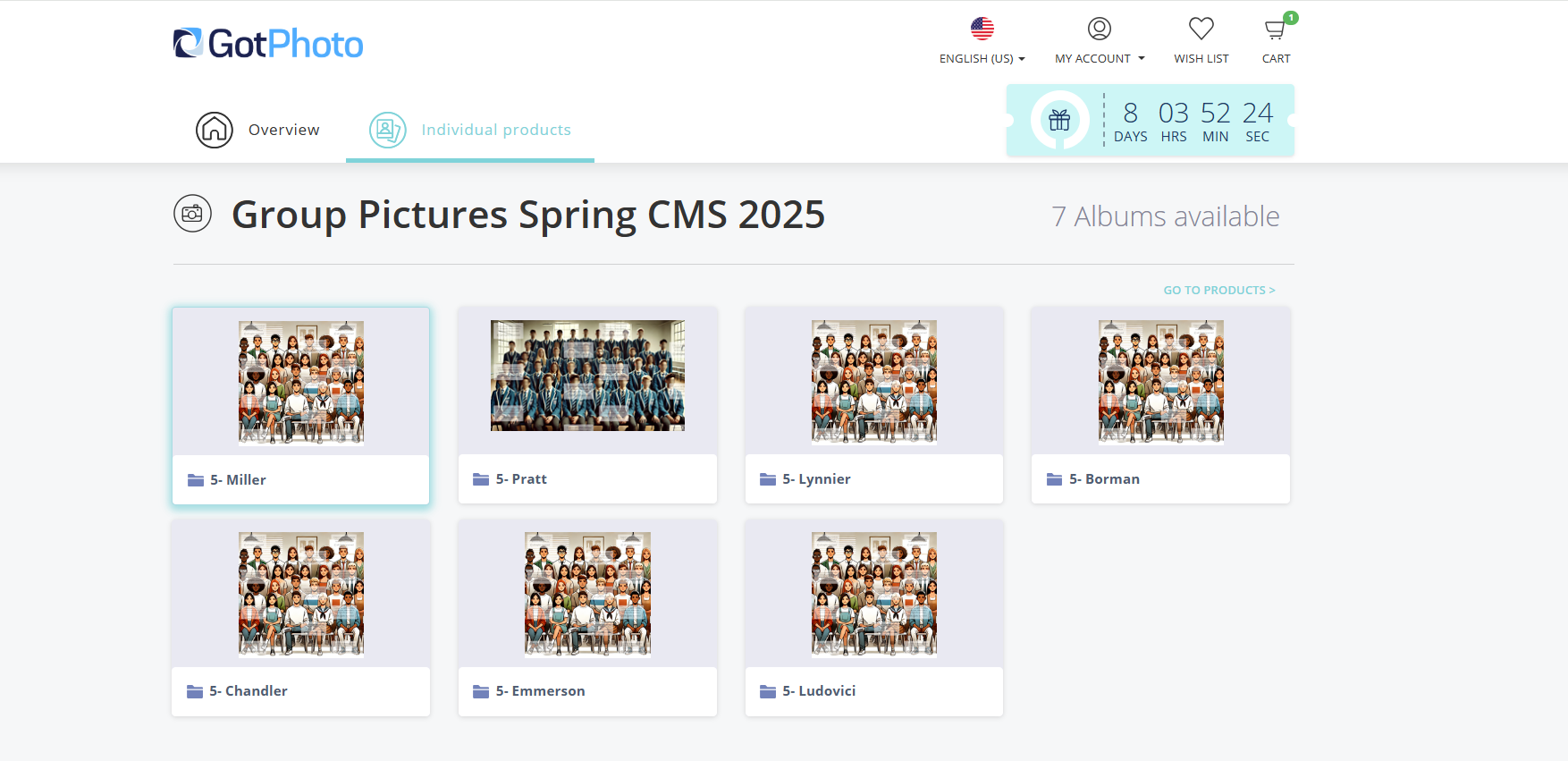 Customer shop view with group photo product available for purchase.