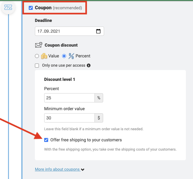 Coupon settings showing 'Offer free shipping to your customers' checkbox selected with red arrow.