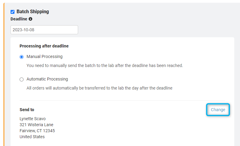 Batch shipping with manual processing and address fields showing 'change address' option.