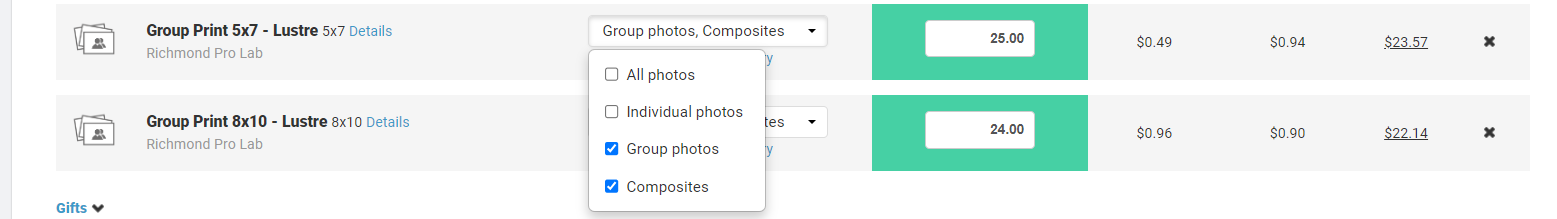 Price profile screen showing 'Group Photos & Composites' section.