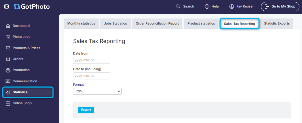 Sales tax reporting export
