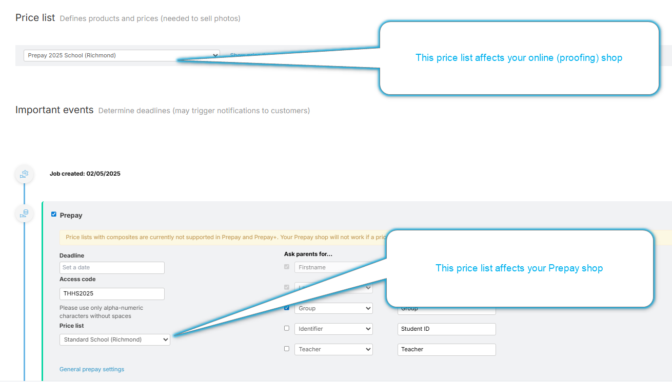 Two price profiles are highlighted, the first is for the proofing shop, the second for the prepay shop.