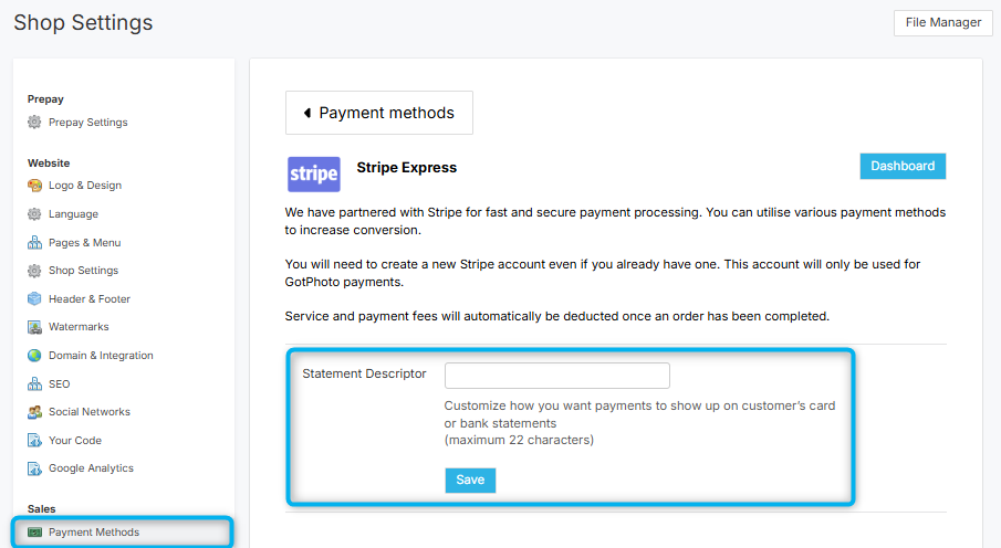 Stripe Express settings page with statement descriptor field