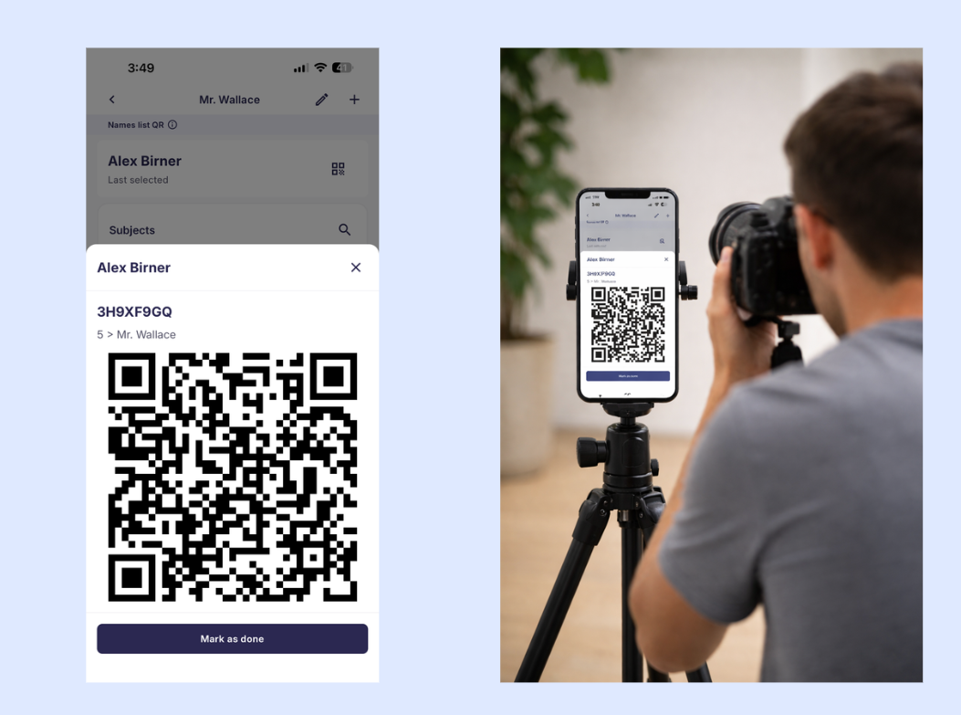 Name List QR interface showing digital QR code selection in the GotPhoto app