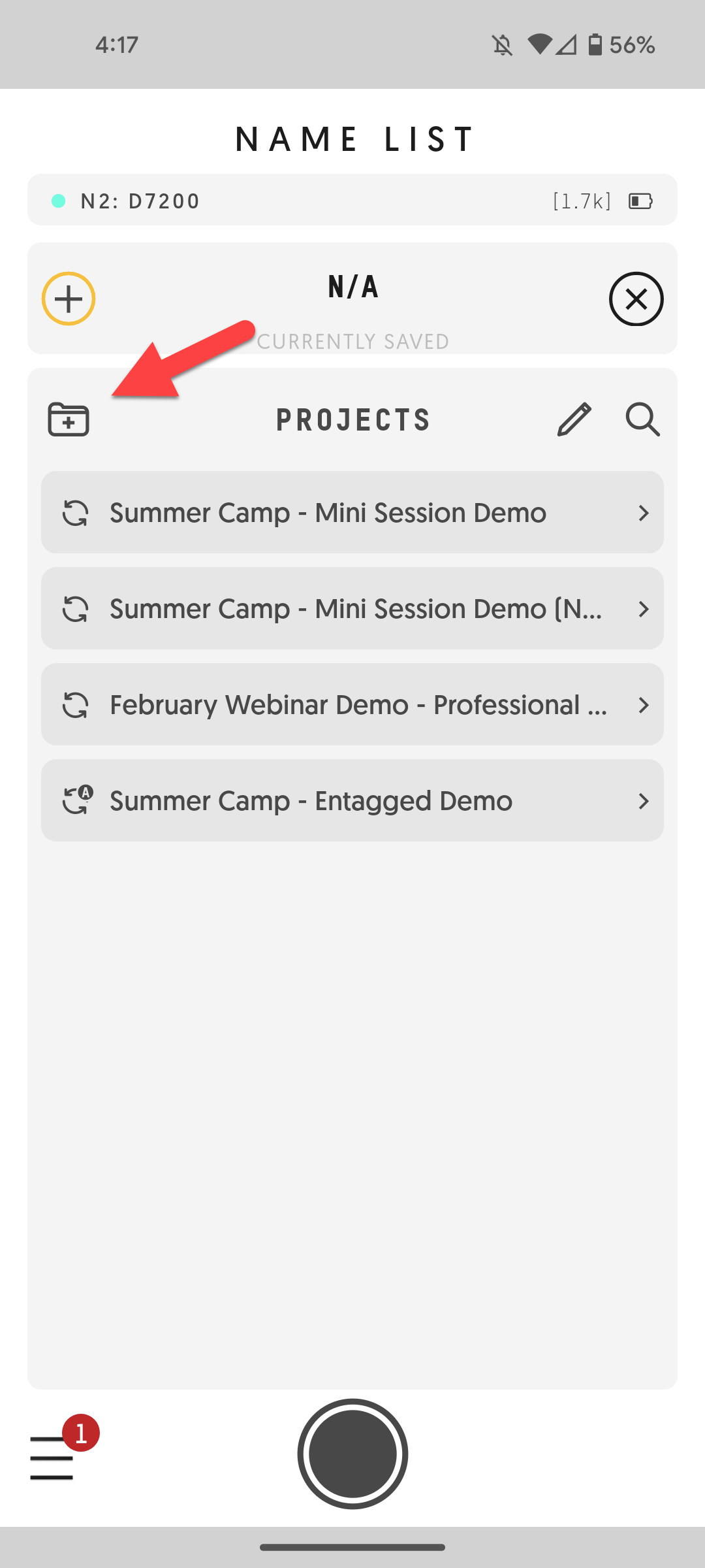 Entagged Projects page with add project icon
