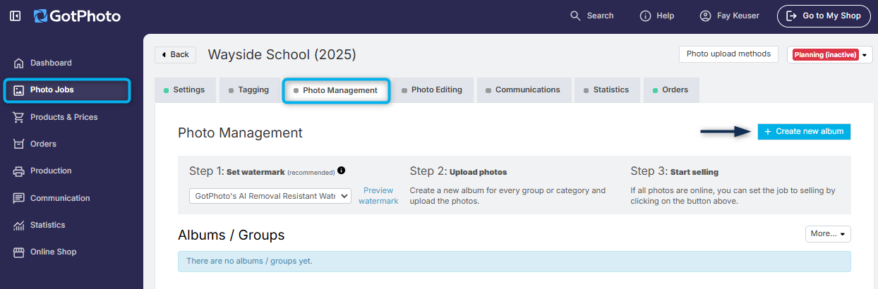 GotPhoto interface showing the Photo Management tab with the 'Create new album' button highlighted.