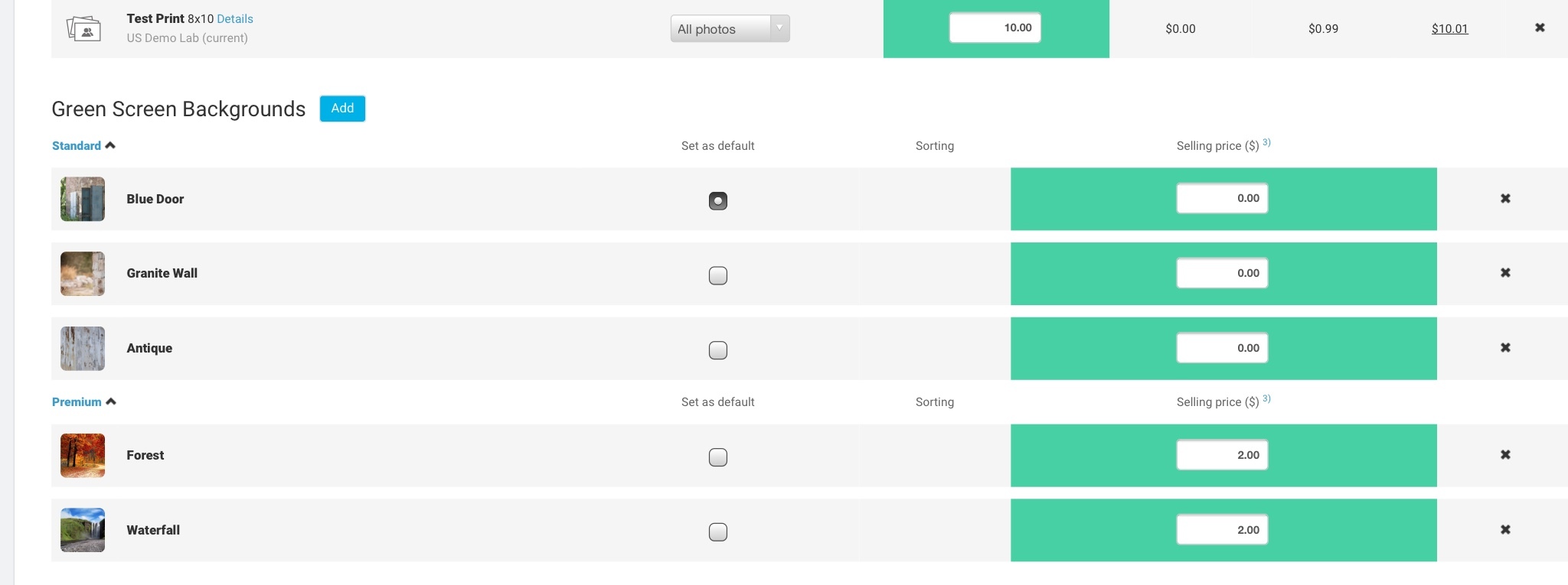 Price list editor showing the Green Screen backgrounds section