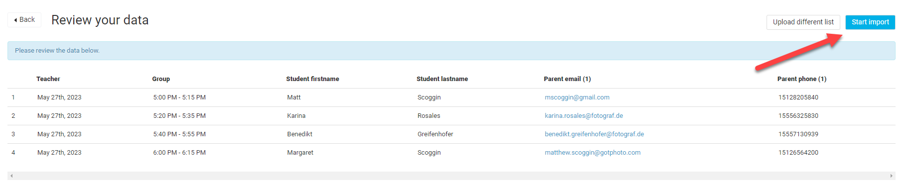 Review and start import confirmation screen