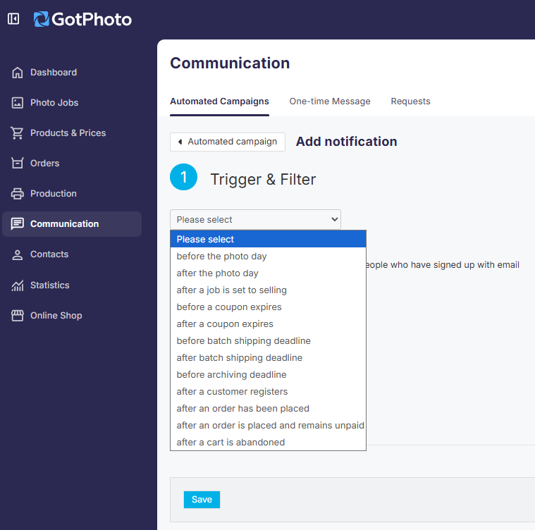 Trigger selection dropdown for campaign notifications
