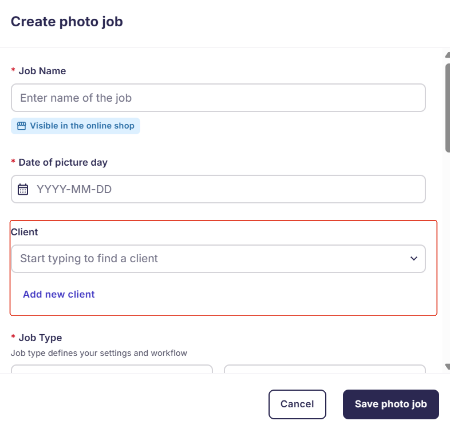 Photo Job creation form showing the organization selection field during job setup.