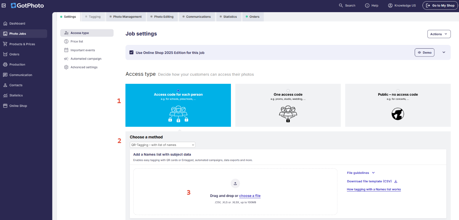 Settings page showing access type and QR-tagging method selections