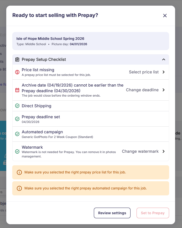 Prepay setup checklist