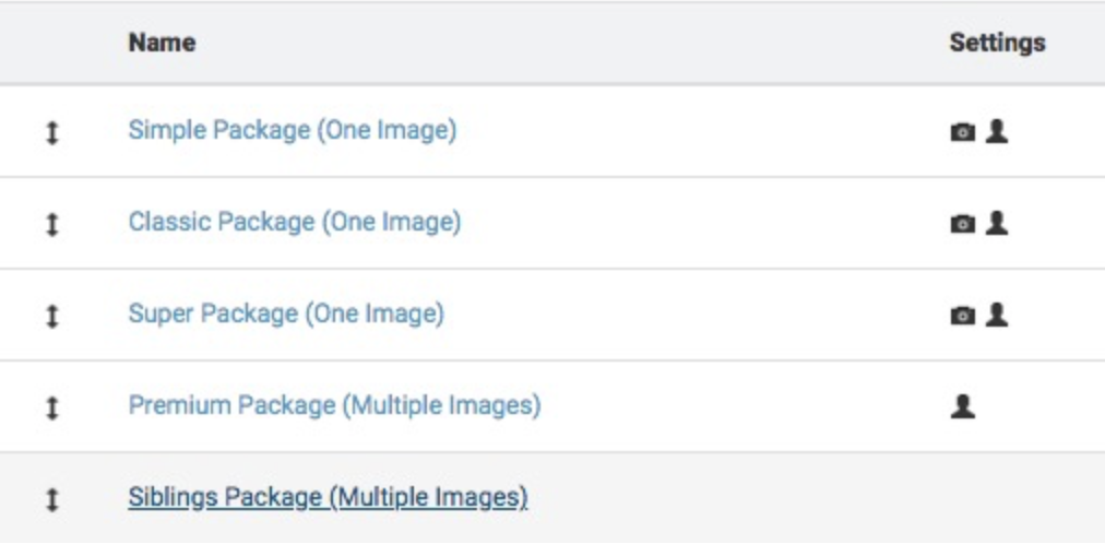 Package list showing single-pose packages limited to one access and a Siblings package allowed across access codes