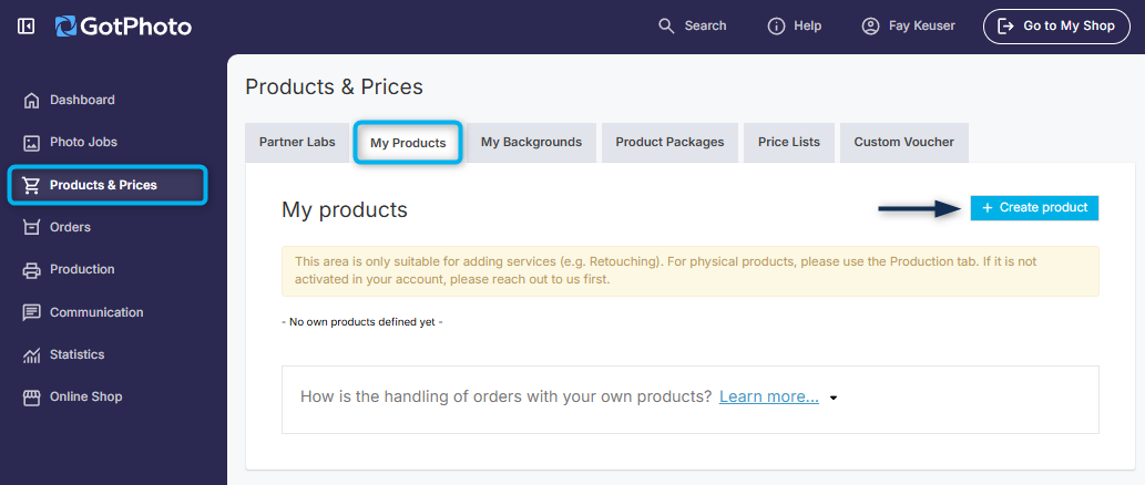 My products page showing the Your own products tab and service settings