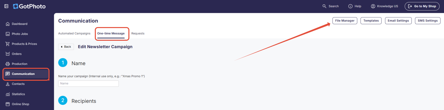 File Manager interface with upload and copy URL options