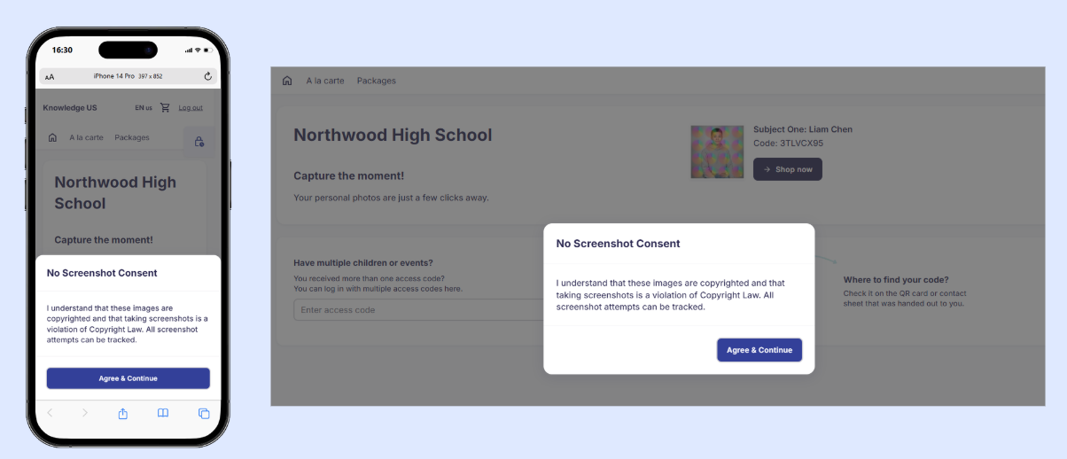 Screenshot Awareness Modal - The screenshot shows the mobile and desktop view in the new shop.