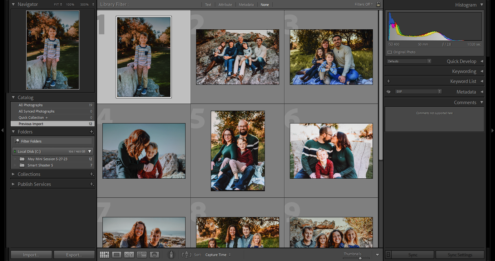 Lightroom library with imported session images