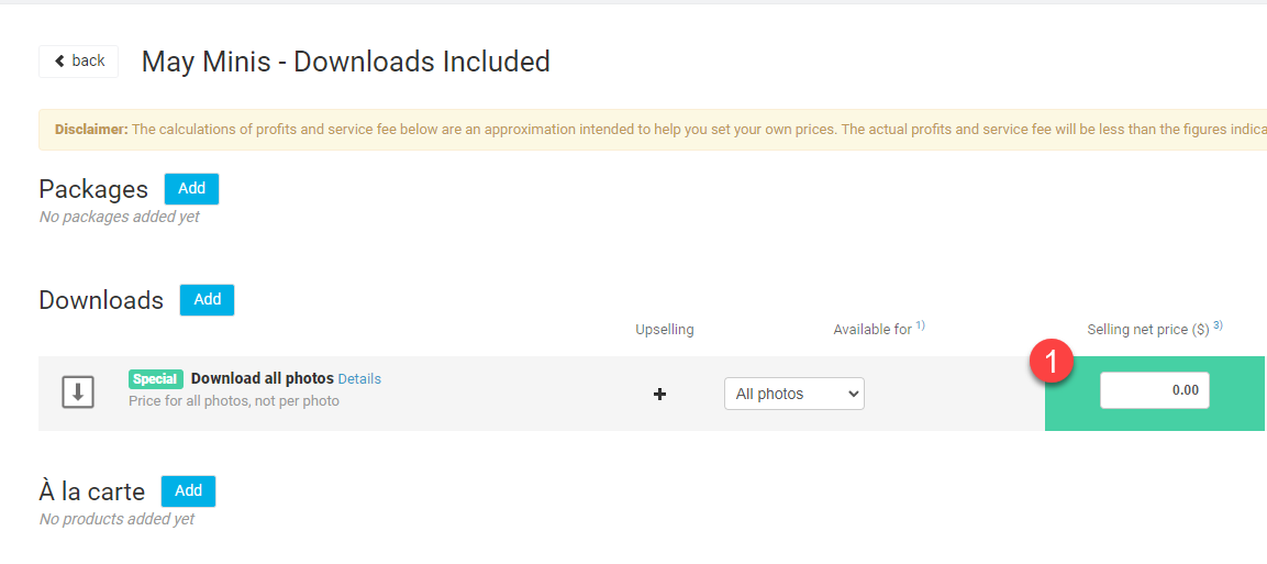 Setting Download all photos product to $0 in price list