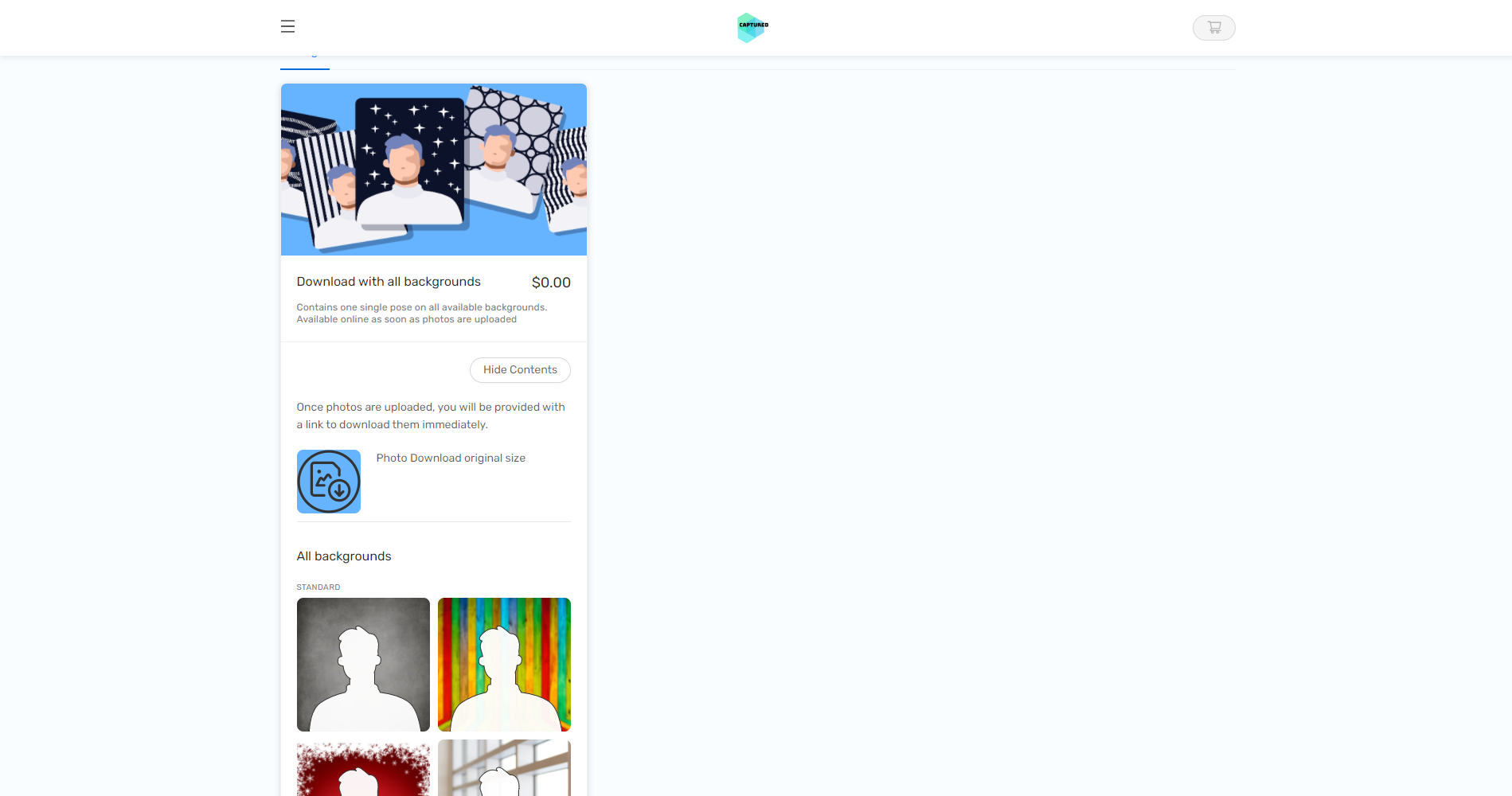 Shop display of the Individual download with all backgrounds option in Prepay