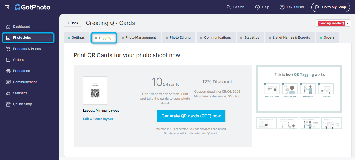 Print QR Cards screen with 'Minimal Layout' and 'Generate QR cards (PDF) now' button.