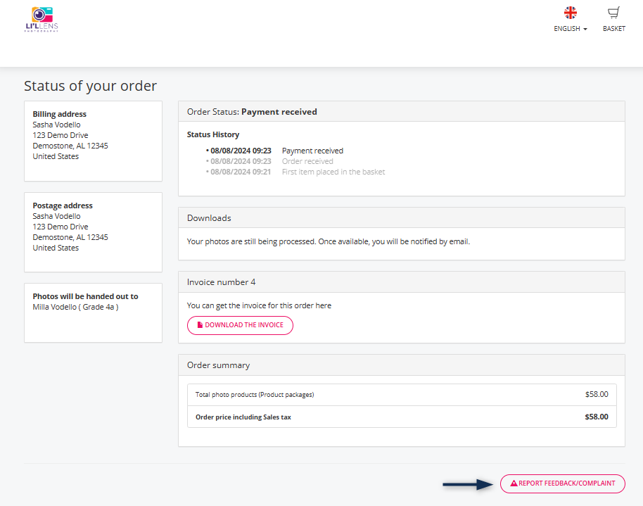 Report feedback/complaint button on order page