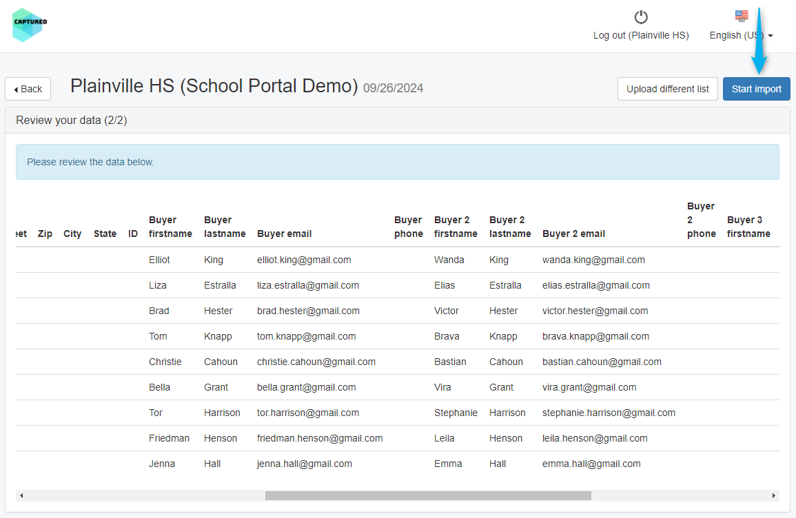 Start import confirmation screen.