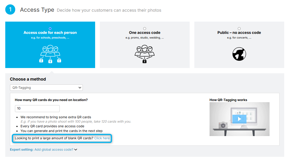QR-Tagging method selected with link to generate blank QR cards.