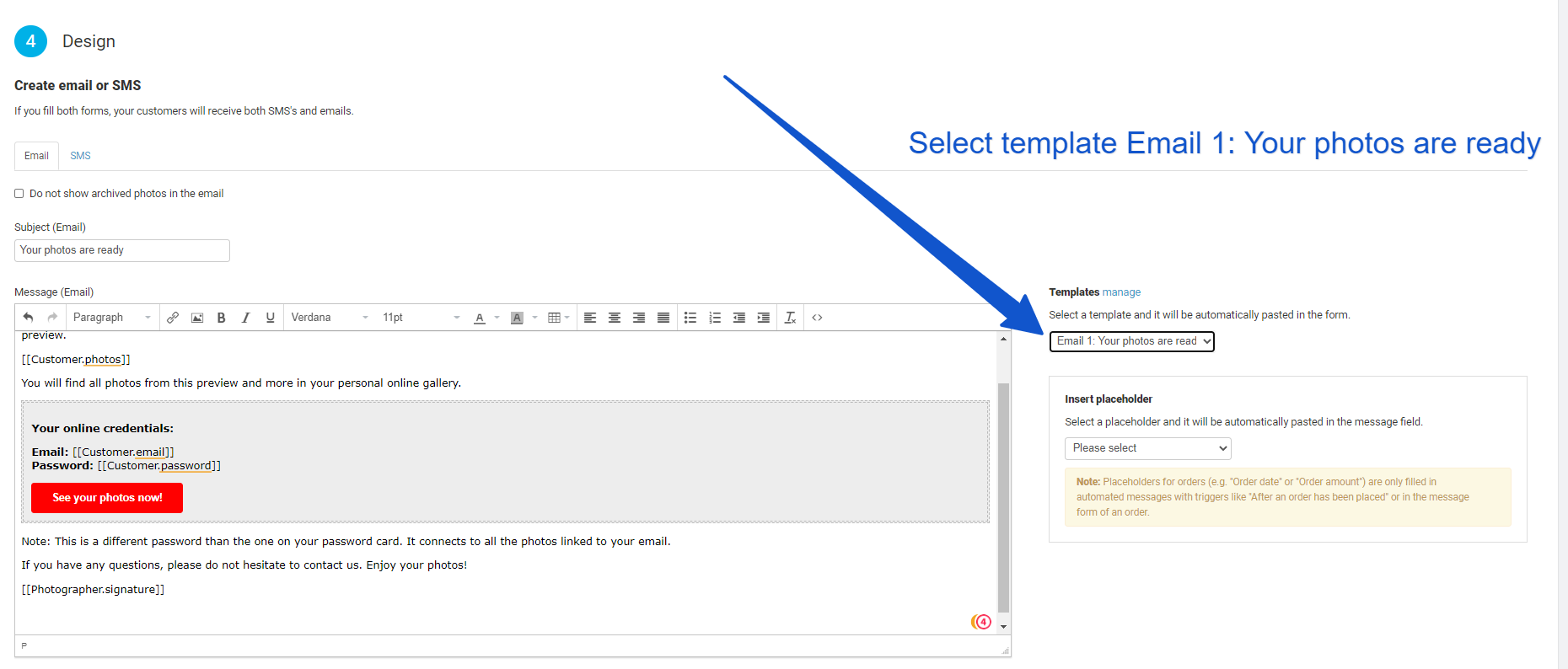 Email editor with 'Your Photos are ready' template.