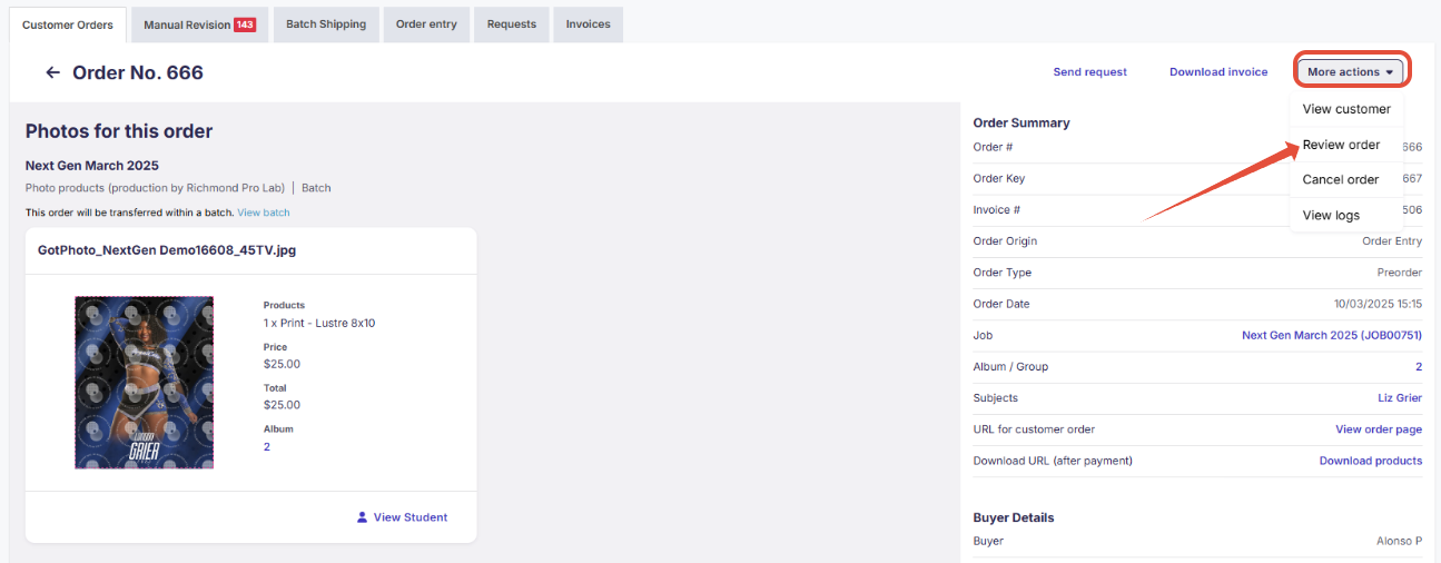 Order page showing the Review order option in the More actions menu