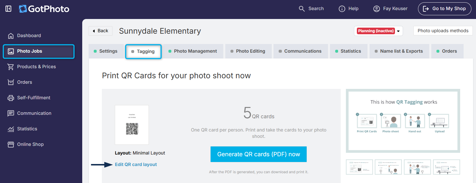 Print QR Cards screen: Minimal Layout, Edit QR card layout highlighted