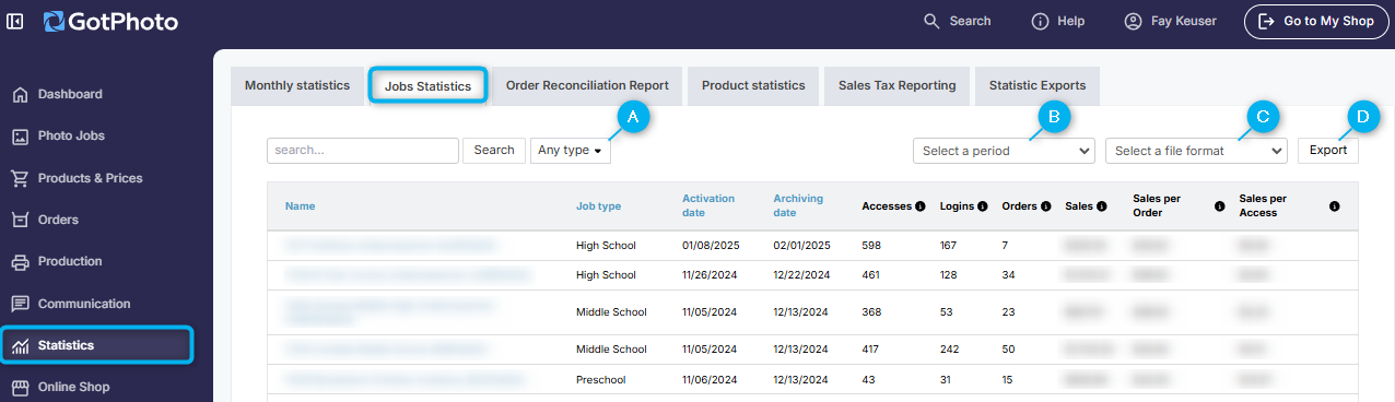 Job Statistics export panel with filters