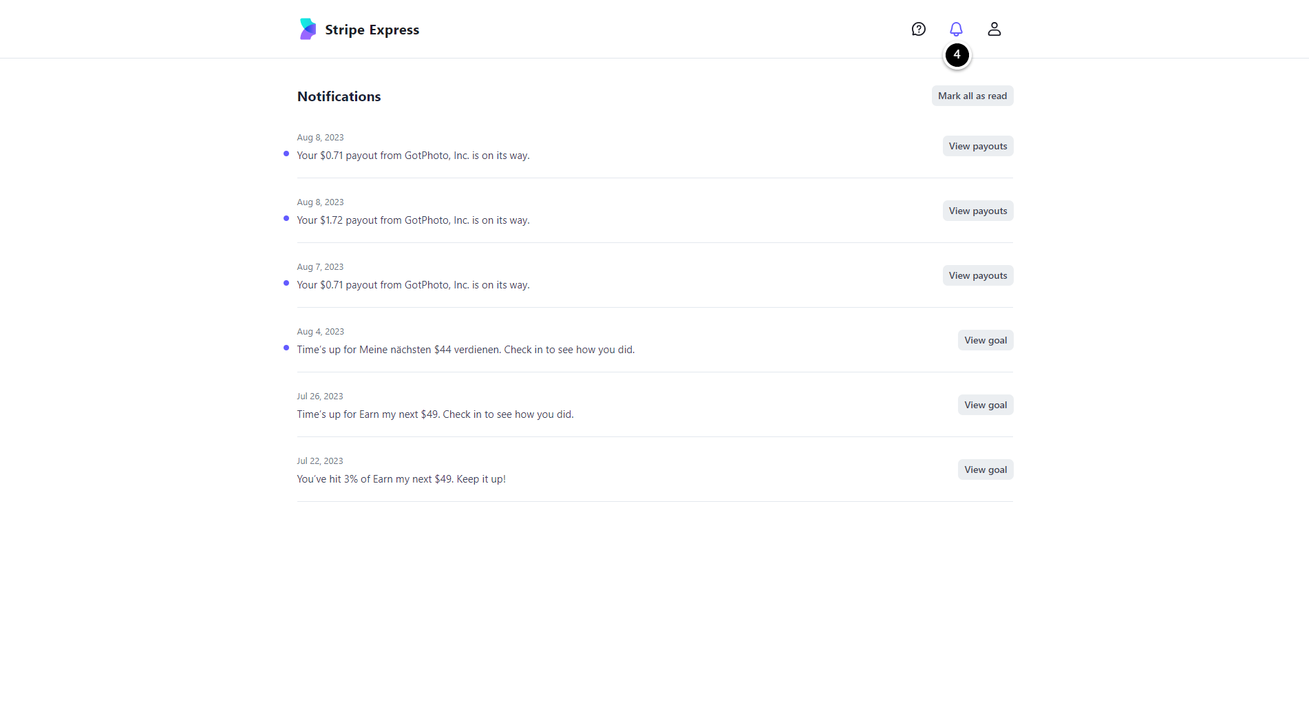 Stripe Dashboard notifications icon