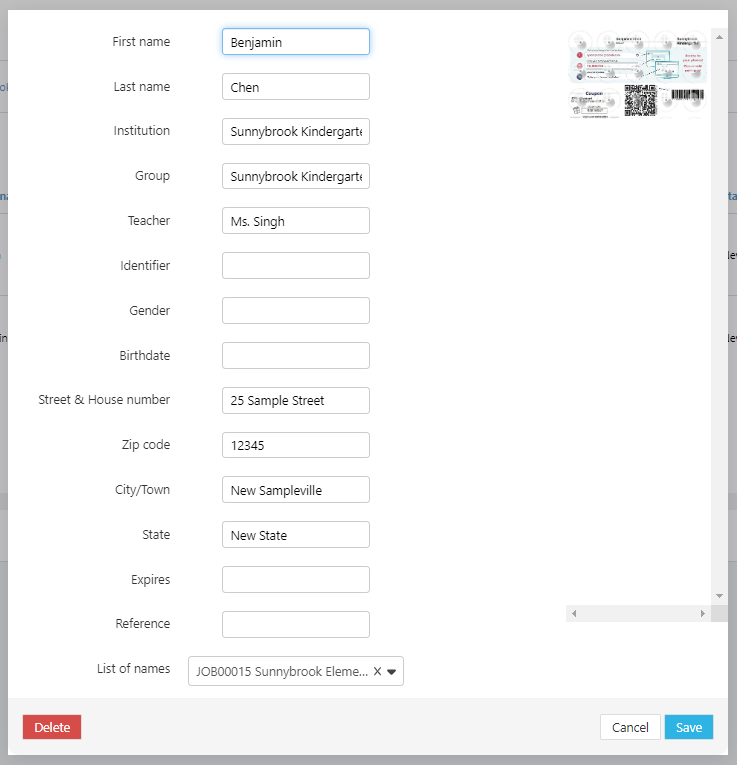 Popup window for editing subject information.