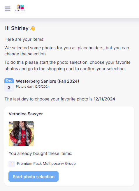 Screenshot of the customer's photo selection start page.