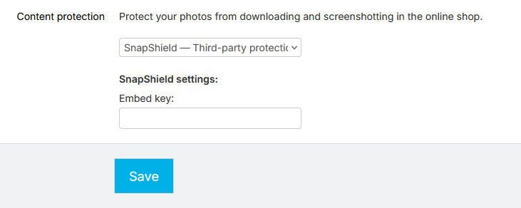 SnapShield content protection settings showing the Embed key field.