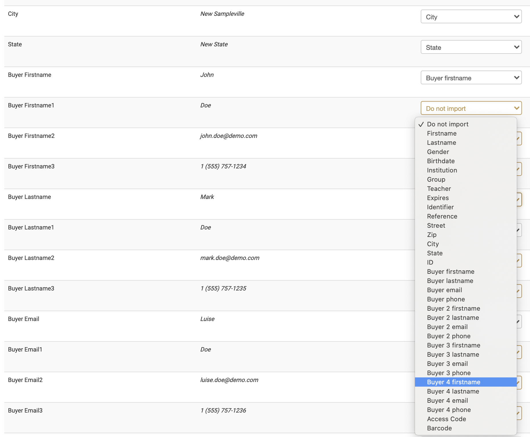 Screenshot showing buyer field mapping options