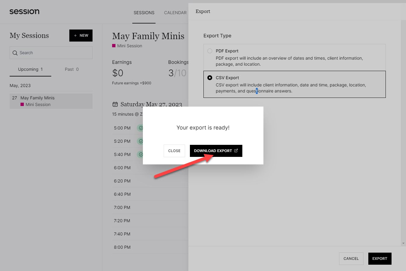 Export ready confirmation with Download Export button in Session