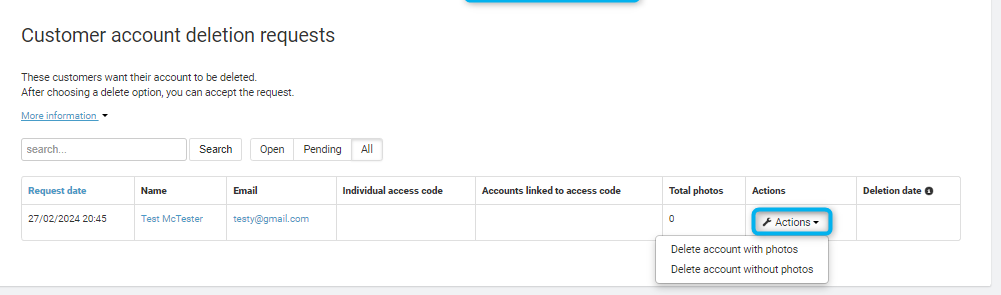 Customer Account Deletion action options